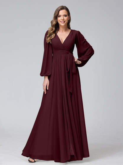 Chiffon Bridesmaid Dress with V-Neck, Long Sleeves, and Side Split
