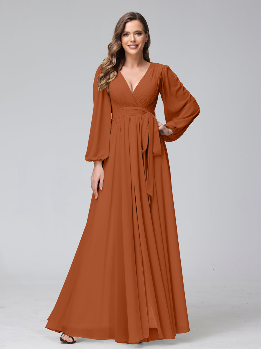 Chiffon Bridesmaid Dress with V-Neck, Long Sleeves, and Side Split