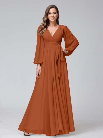 Chiffon Bridesmaid Dress with V-Neck, Long Sleeves, and Side Split