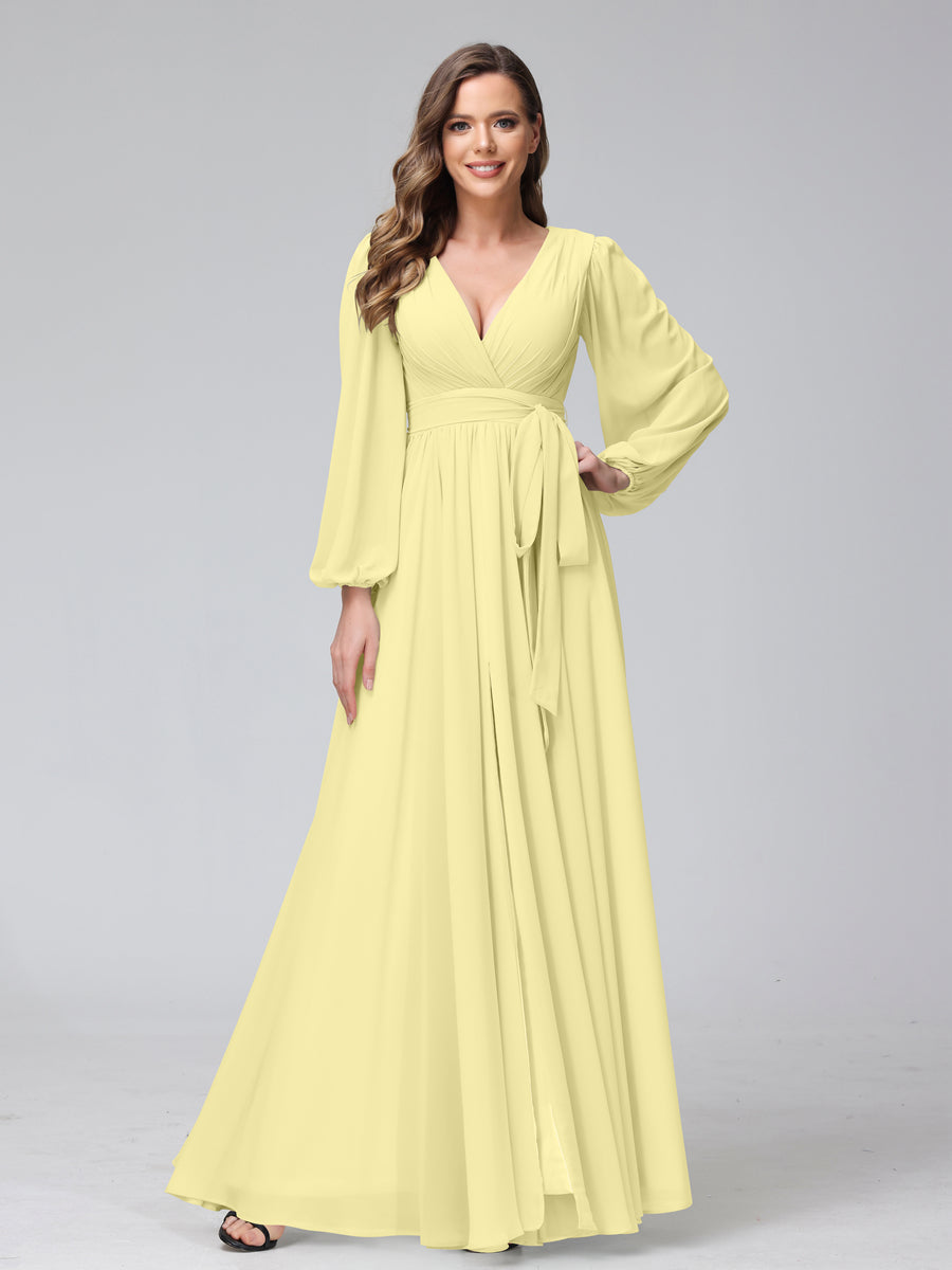 Chiffon Bridesmaid Dress with V-Neck, Long Sleeves, and Side Split