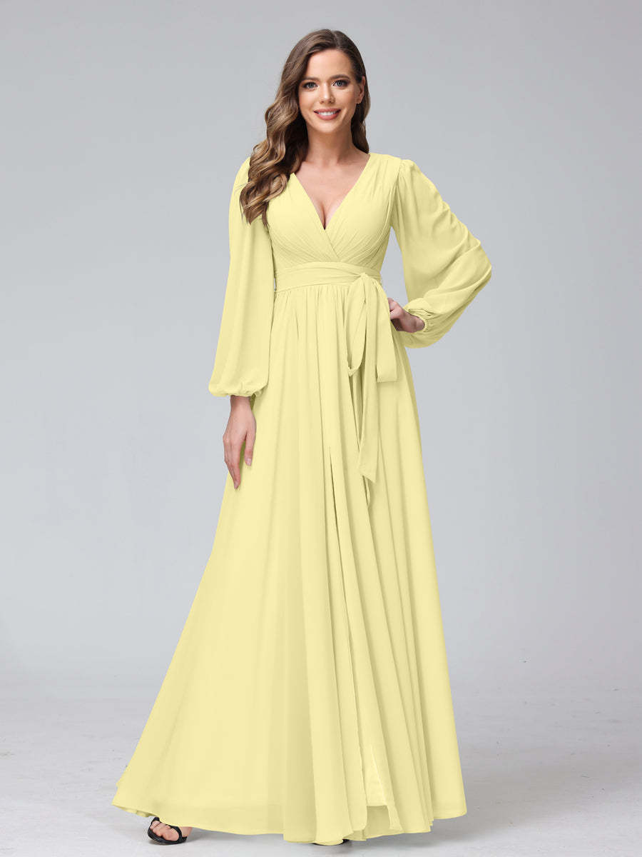 Chiffon Bridesmaid Dress with V-Neck, Long Sleeves, and Side Split