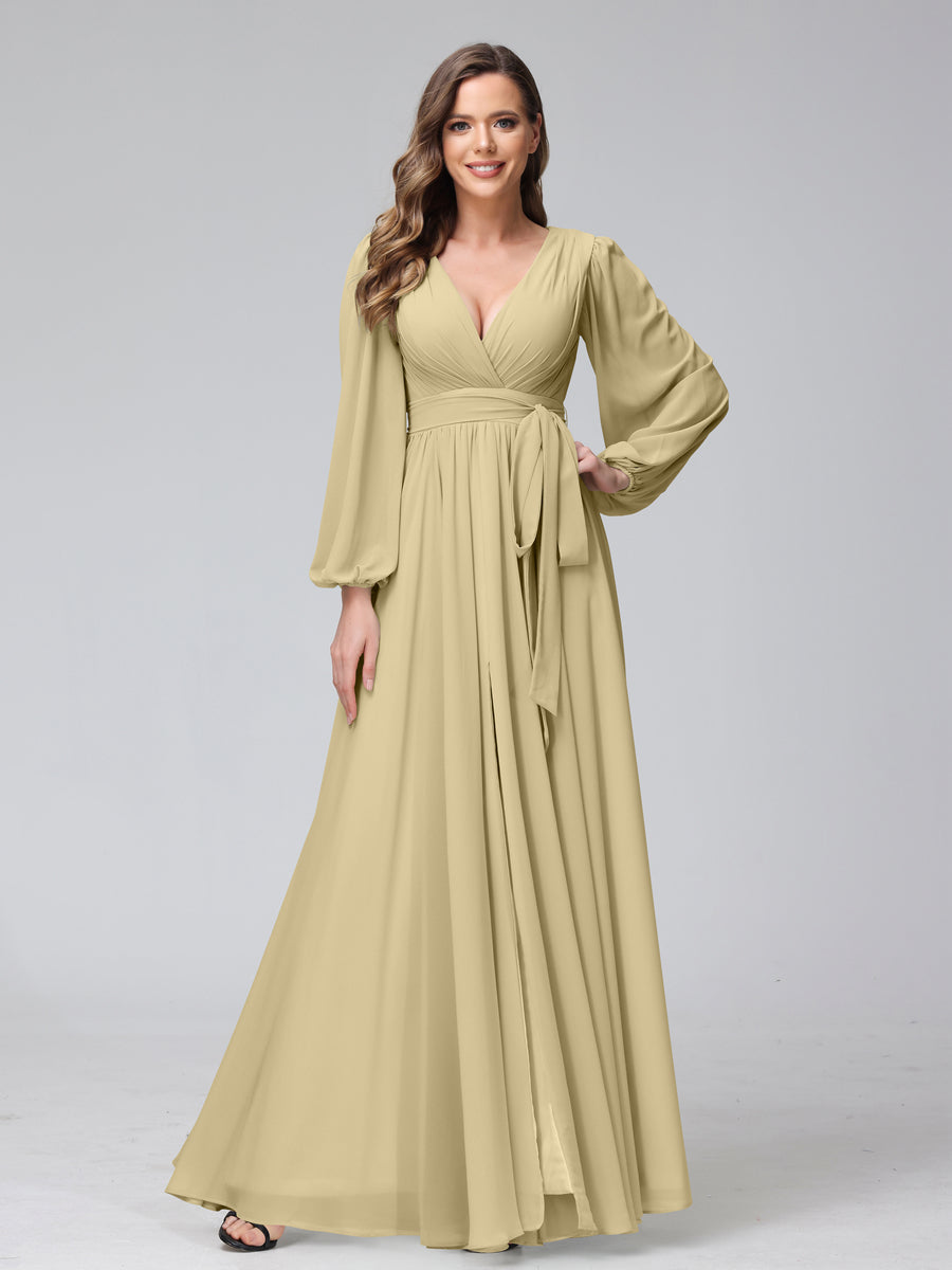 Chiffon Bridesmaid Dress with V-Neck, Long Sleeves, and Side Split