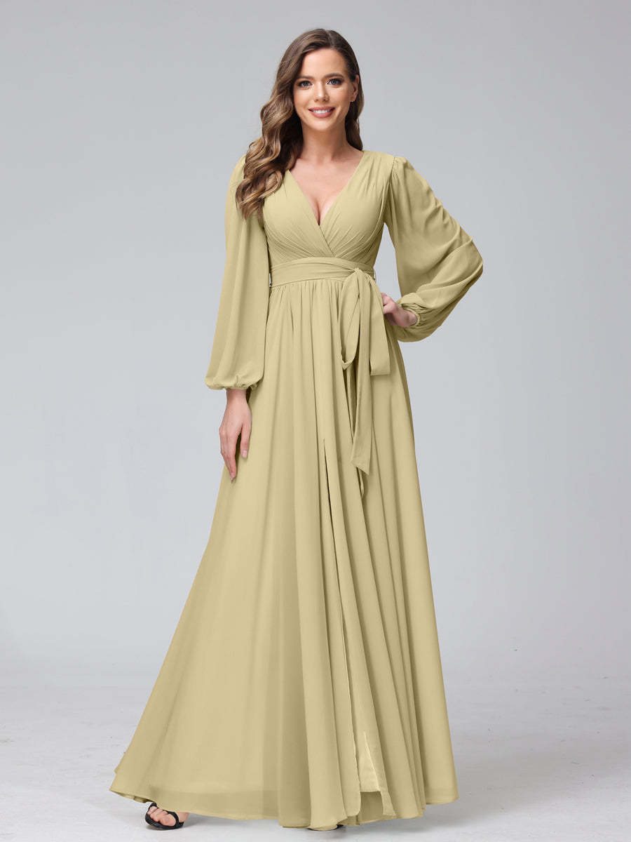 Chiffon Bridesmaid Dress with V-Neck, Long Sleeves, and Side Split