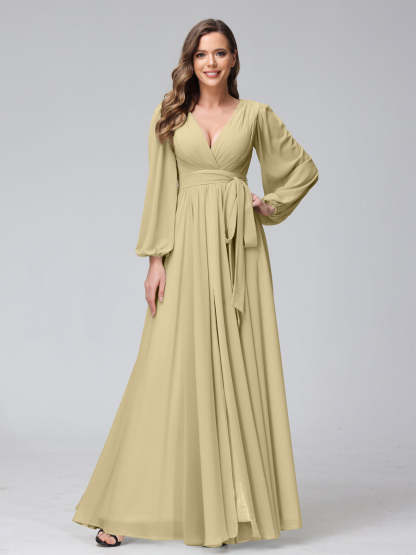 Chiffon Bridesmaid Dress with V-Neck, Long Sleeves, and Side Split