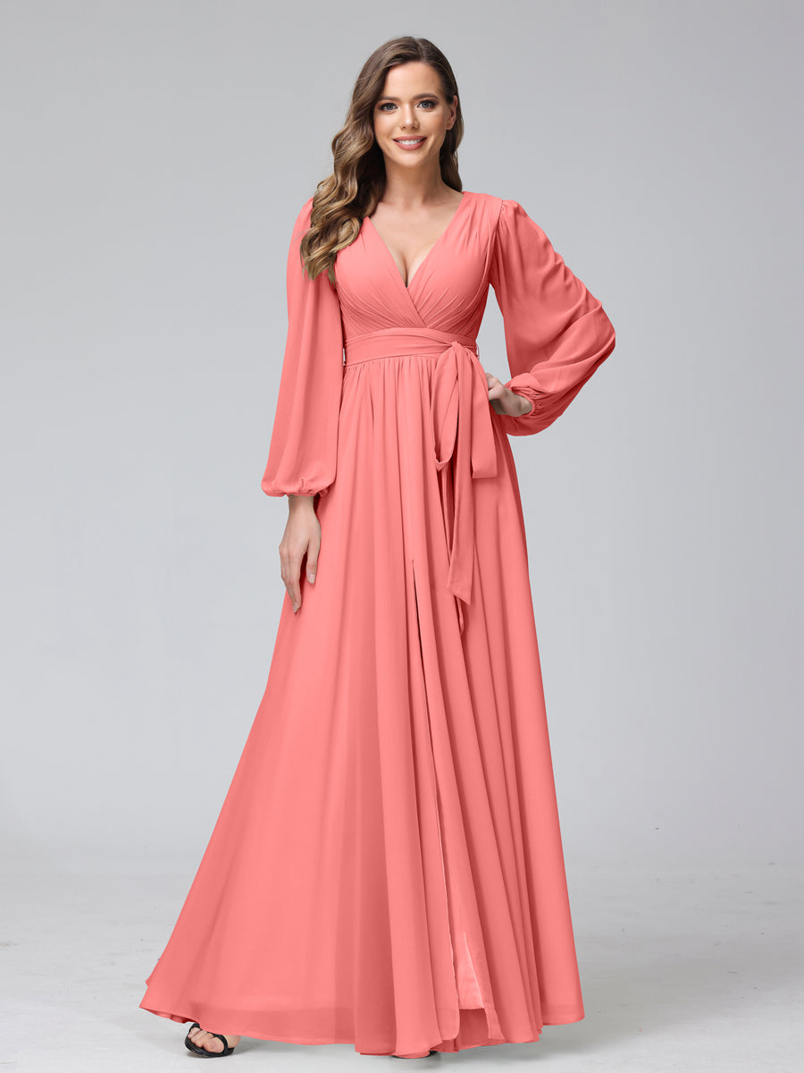 Chiffon Bridesmaid Dress with V-Neck, Long Sleeves, and Side Split