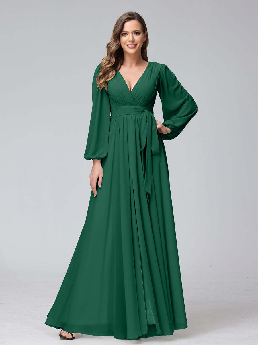Chiffon Bridesmaid Dress with V-Neck, Long Sleeves, and Side Split