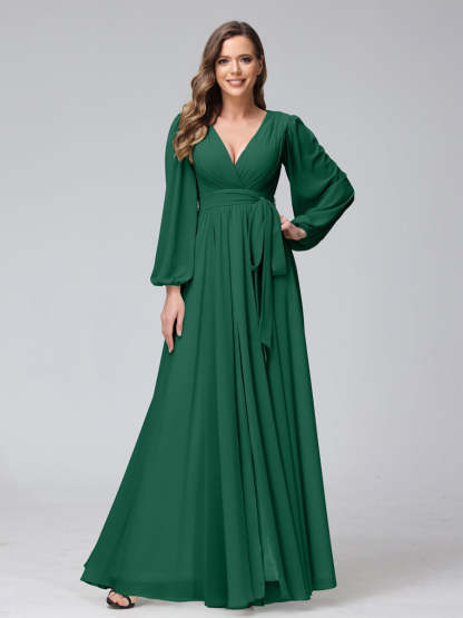 Chiffon Bridesmaid Dress with V-Neck, Long Sleeves, and Side Split