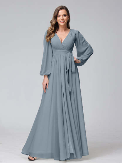 Chiffon Bridesmaid Dress with V-Neck, Long Sleeves, and Side Split