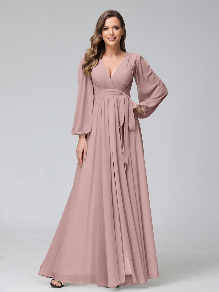Chiffon Bridesmaid Dress with V-Neck, Long Sleeves, and Side Split