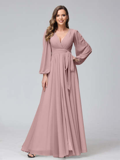 Chiffon Bridesmaid Dress with V-Neck, Long Sleeves, and Side Split