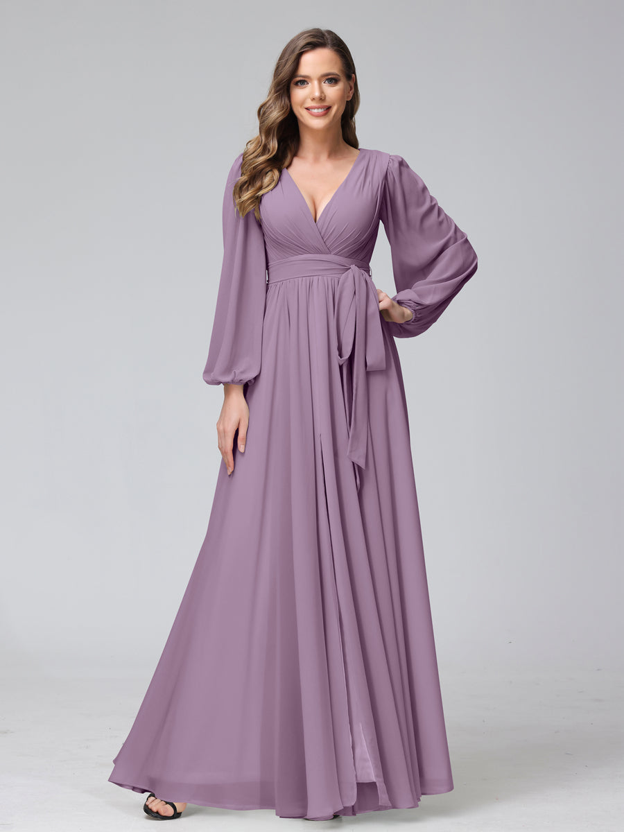 Chiffon Bridesmaid Dress with V-Neck, Long Sleeves, and Side Split