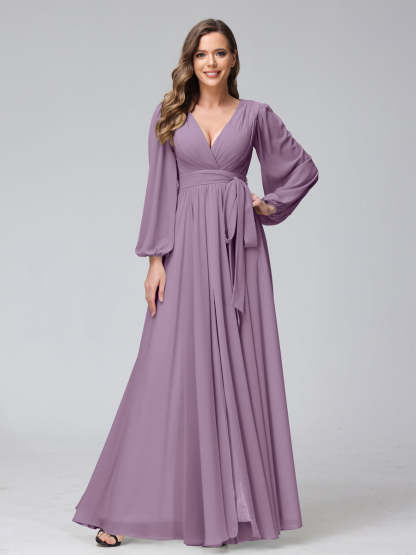 Chiffon Bridesmaid Dress with V-Neck, Long Sleeves, and Side Split
