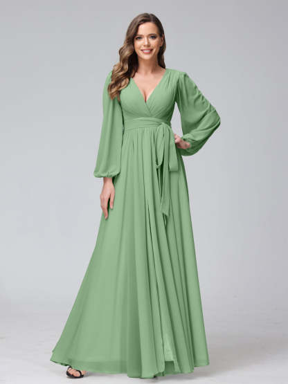 Chiffon Bridesmaid Dress with V-Neck, Long Sleeves, and Side Split