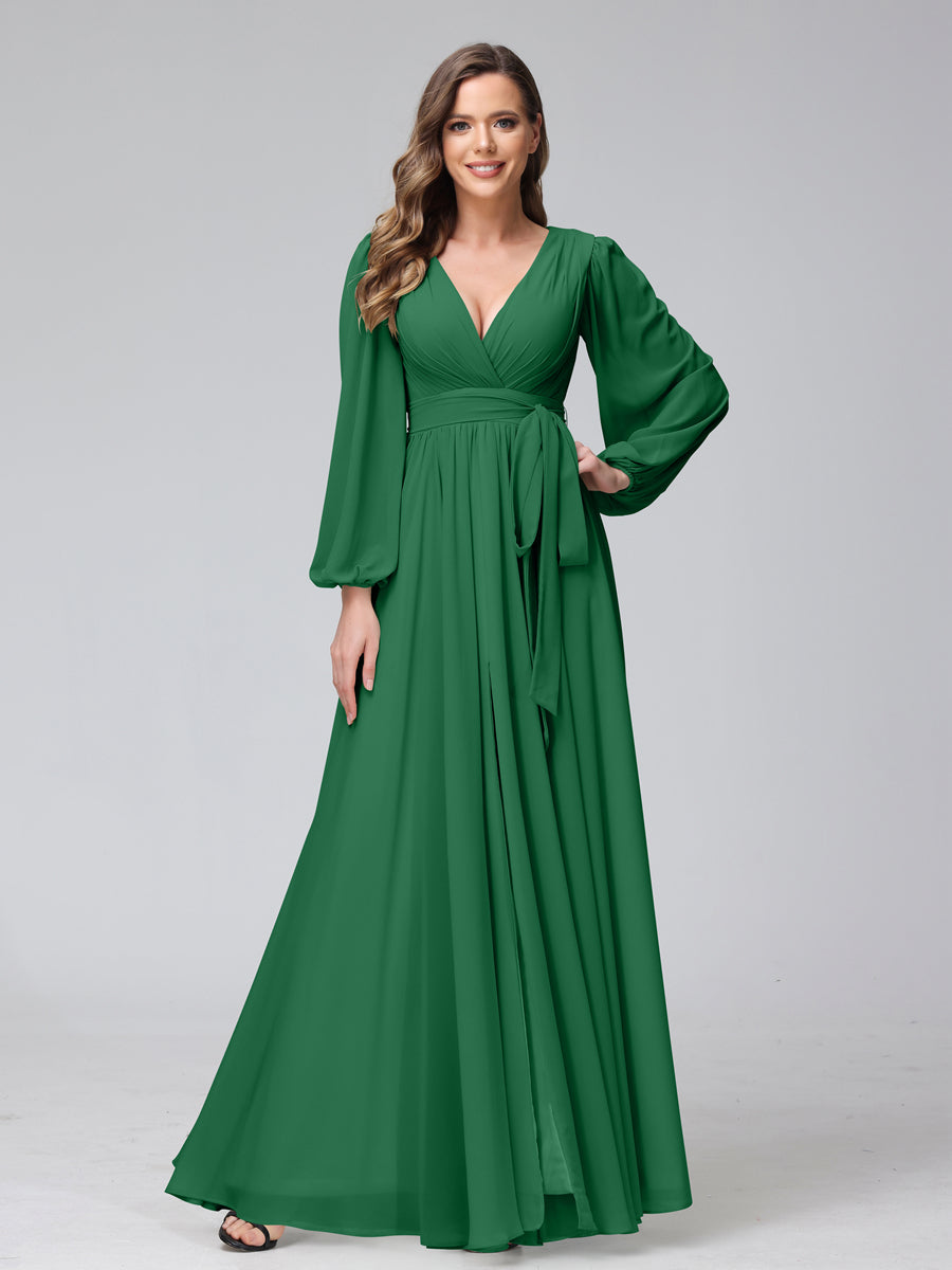 Chiffon Bridesmaid Dress with V-Neck, Long Sleeves, and Side Split