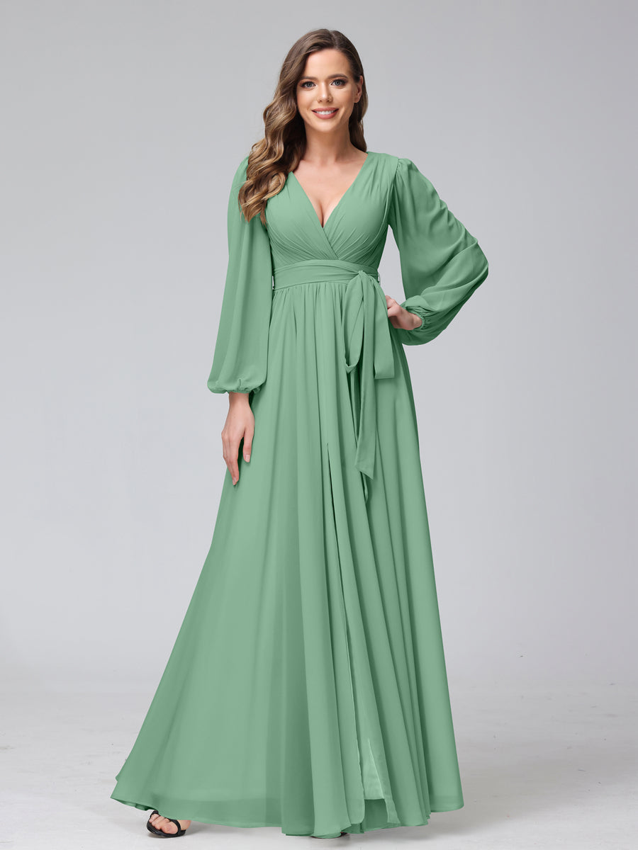 Chiffon Bridesmaid Dress with V-Neck, Long Sleeves, and Side Split