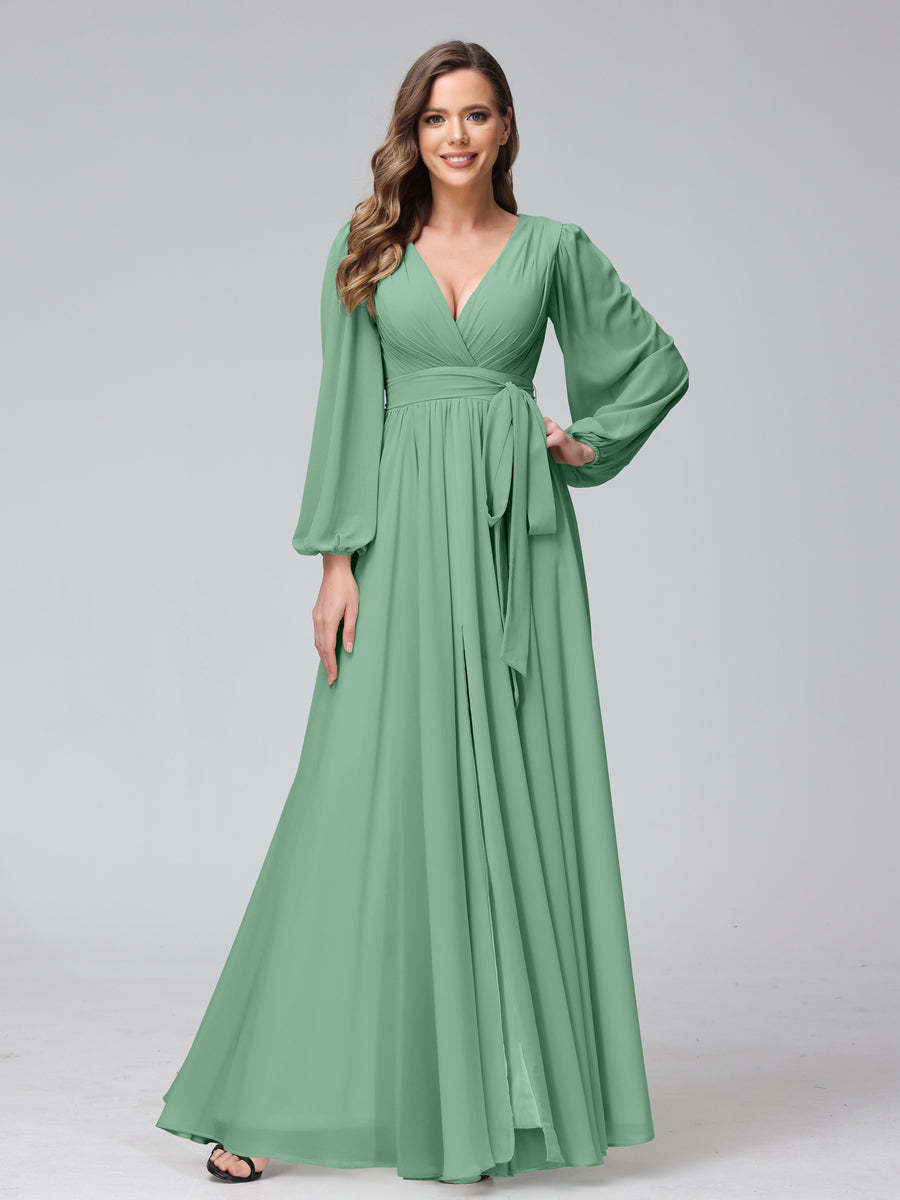 Chiffon Bridesmaid Dress with V-Neck, Long Sleeves, and Side Split