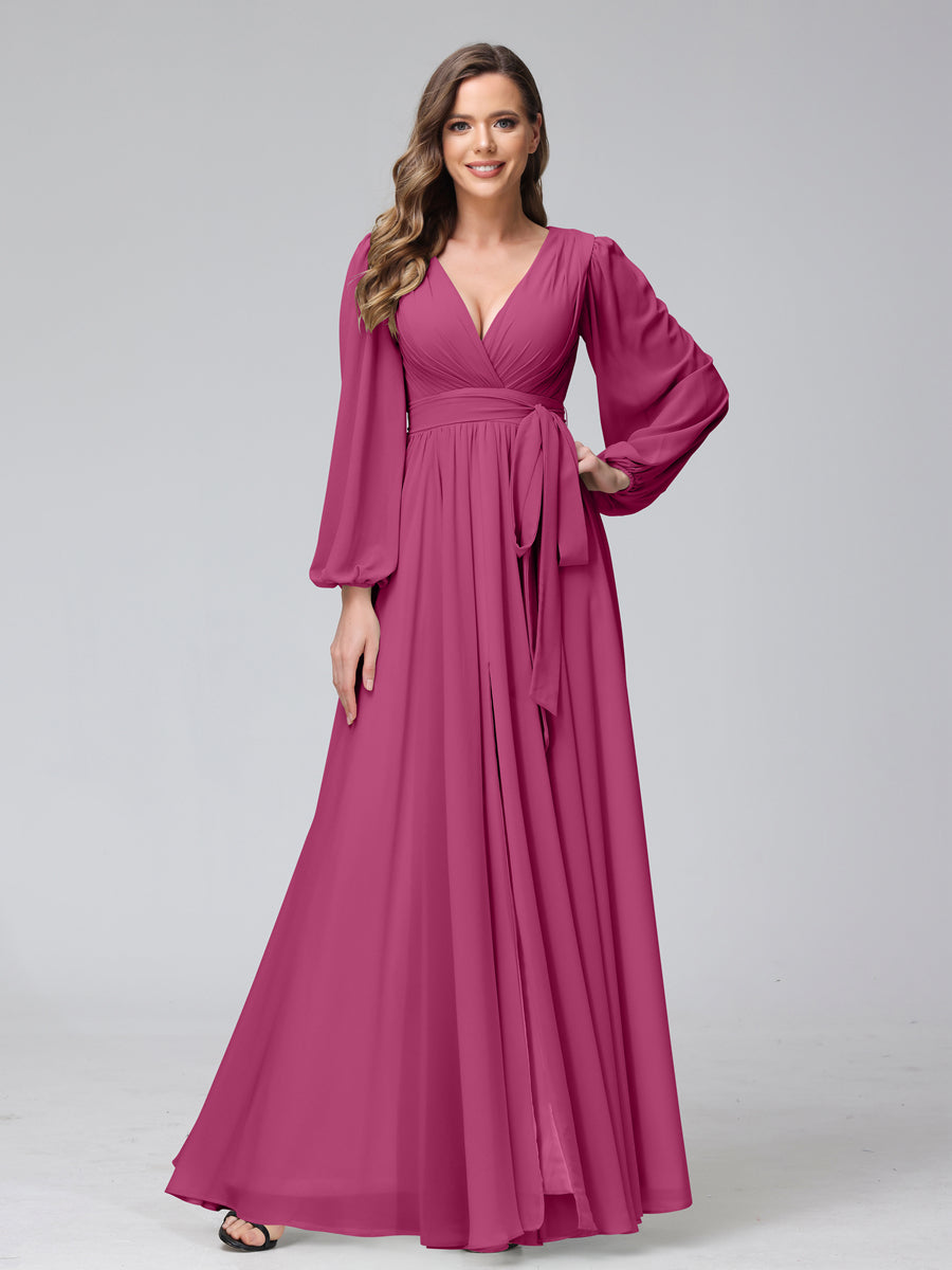 Chiffon Bridesmaid Dress with V-Neck, Long Sleeves, and Side Split