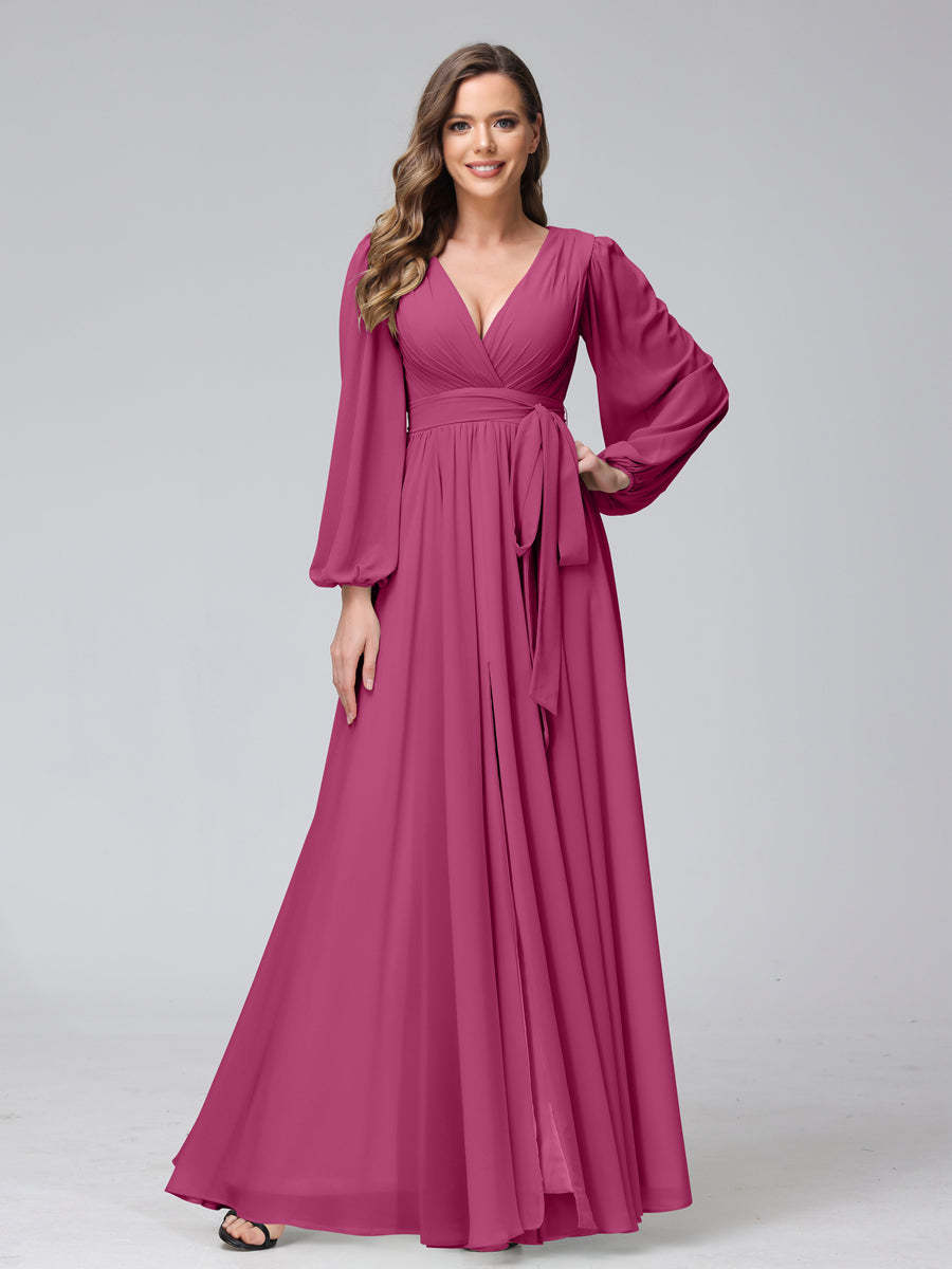 Chiffon Bridesmaid Dress with V-Neck, Long Sleeves, and Side Split