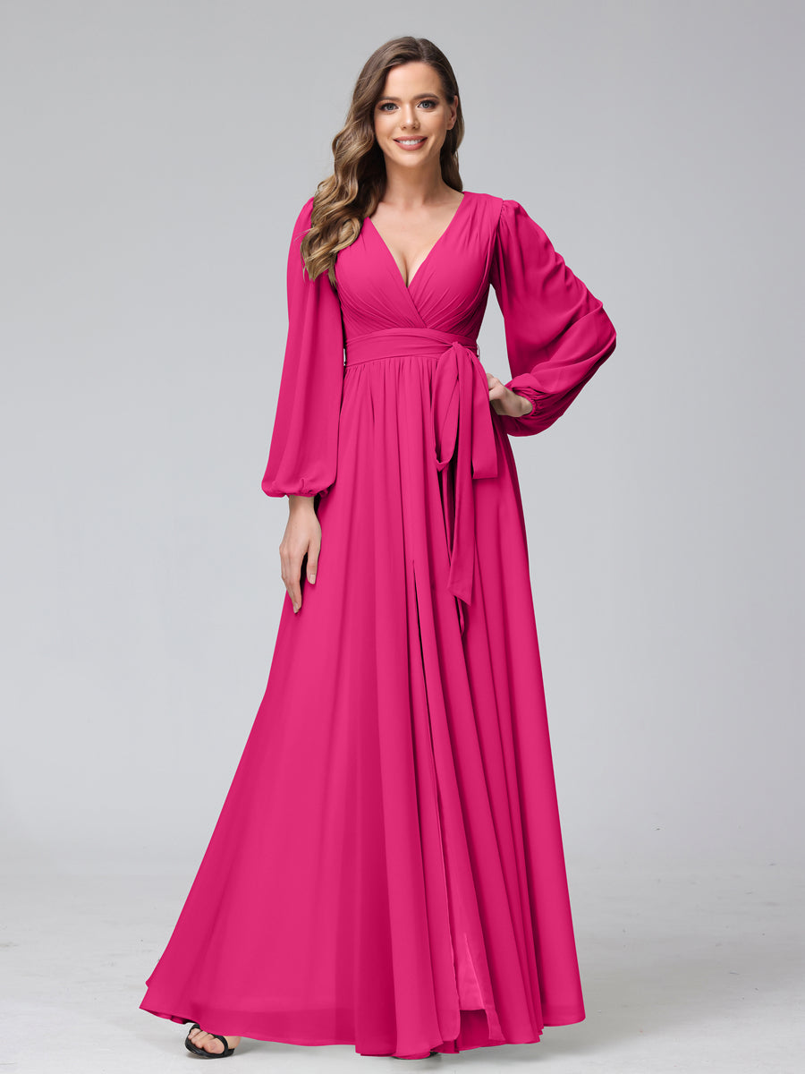 Chiffon Bridesmaid Dress with V-Neck, Long Sleeves, and Side Split