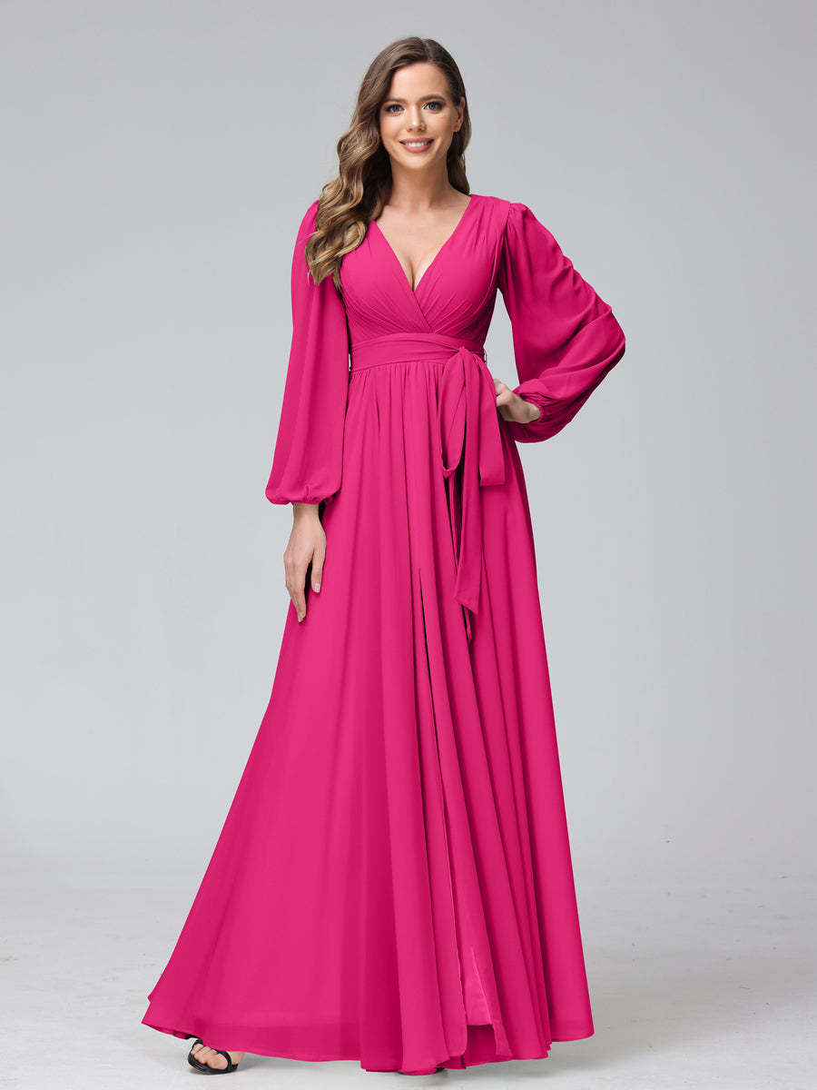 Chiffon Bridesmaid Dress with V-Neck, Long Sleeves, and Side Split
