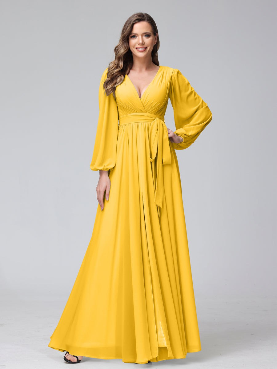 Chiffon Bridesmaid Dress with V-Neck, Long Sleeves, and Side Split