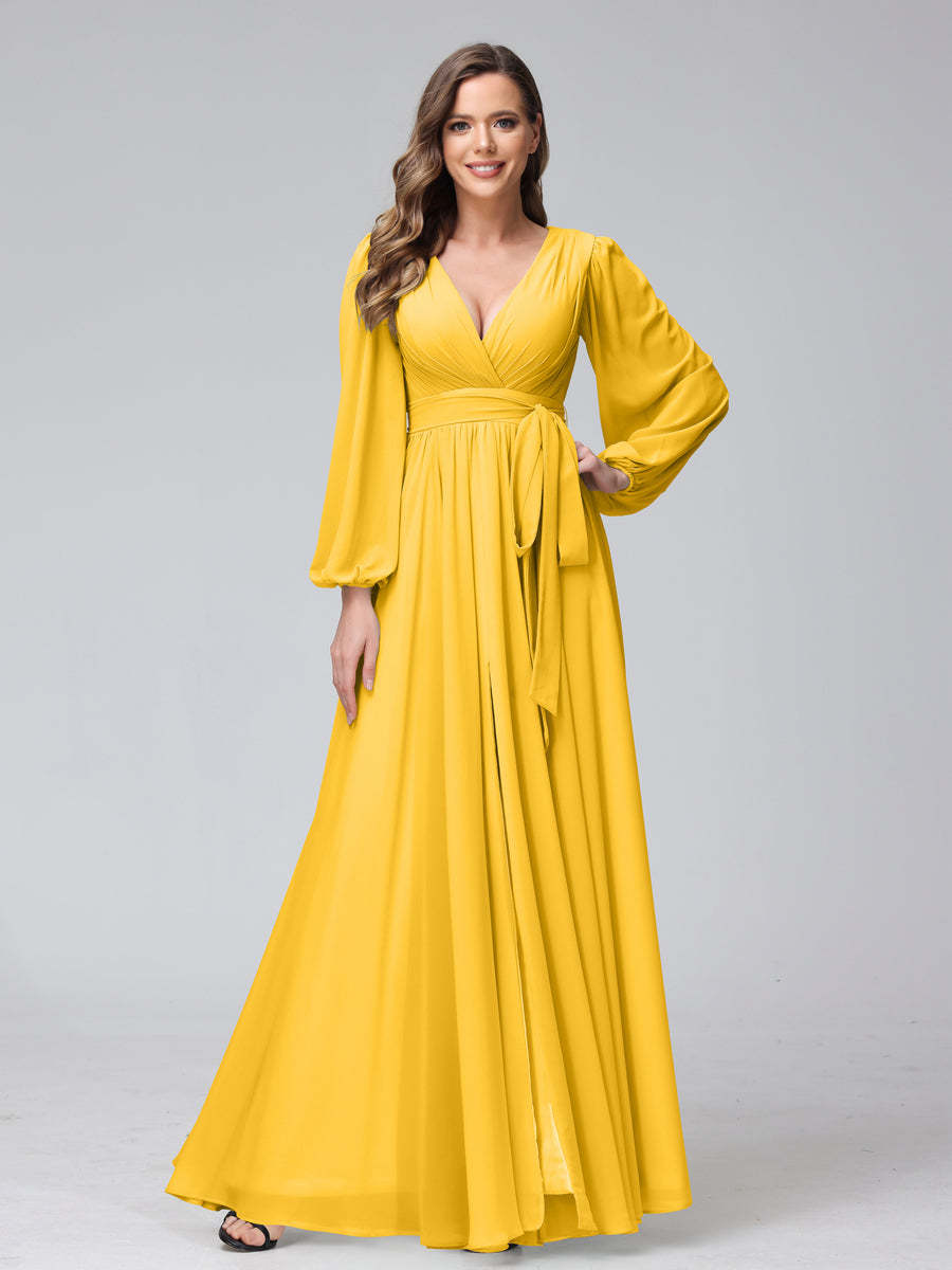 Chiffon Bridesmaid Dress with V-Neck, Long Sleeves, and Side Split