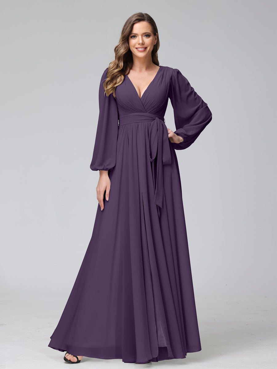 Chiffon Bridesmaid Dress with V-Neck, Long Sleeves, and Side Split