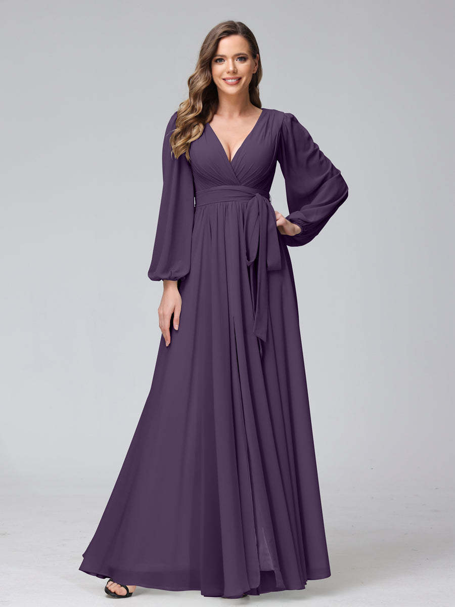 Chiffon Bridesmaid Dress with V-Neck, Long Sleeves, and Side Split