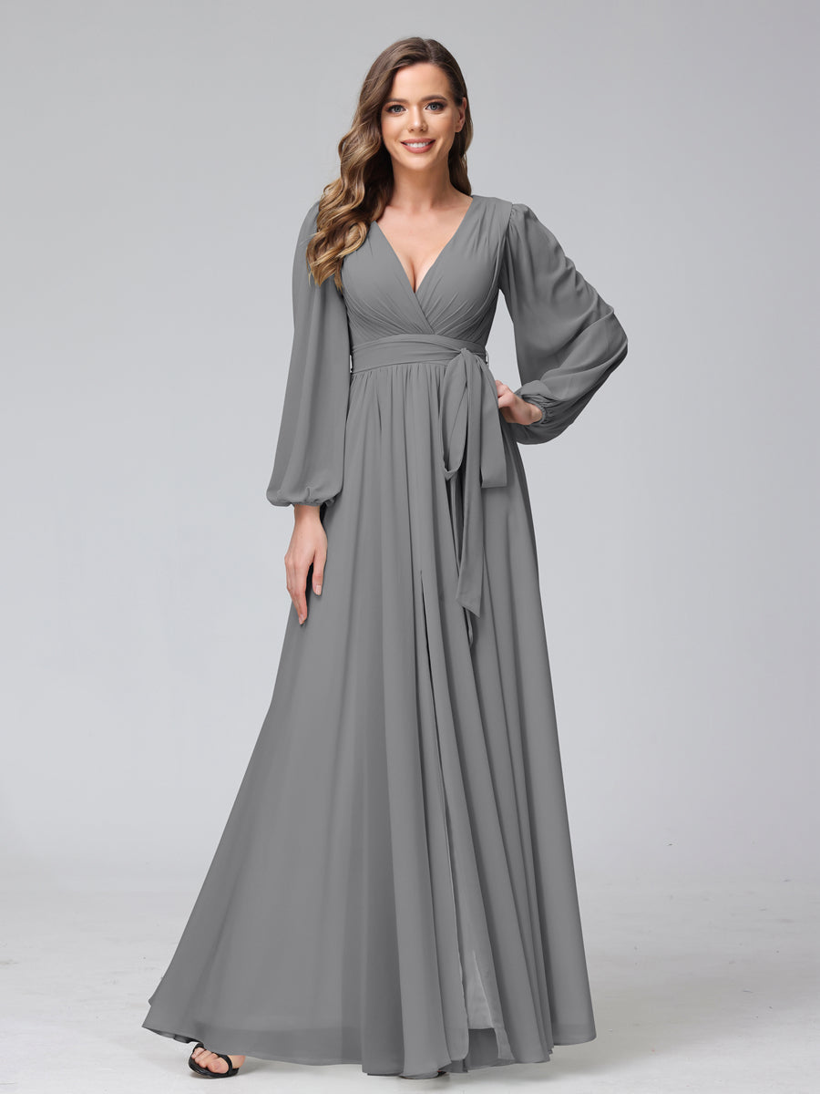 Chiffon Bridesmaid Dress with V-Neck, Long Sleeves, and Side Split