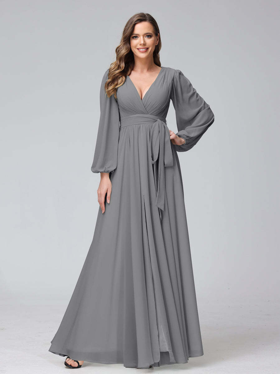 Chiffon Bridesmaid Dress with V-Neck, Long Sleeves, and Side Split