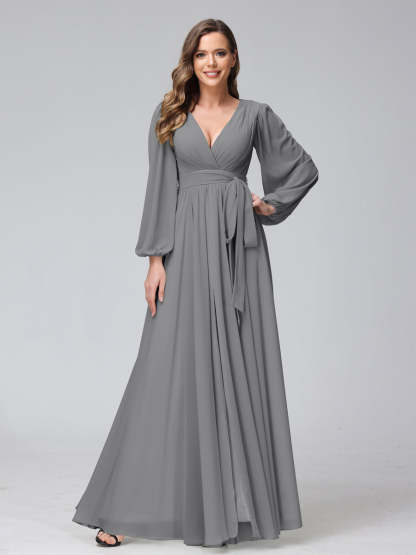 Chiffon Bridesmaid Dress with V-Neck, Long Sleeves, and Side Split