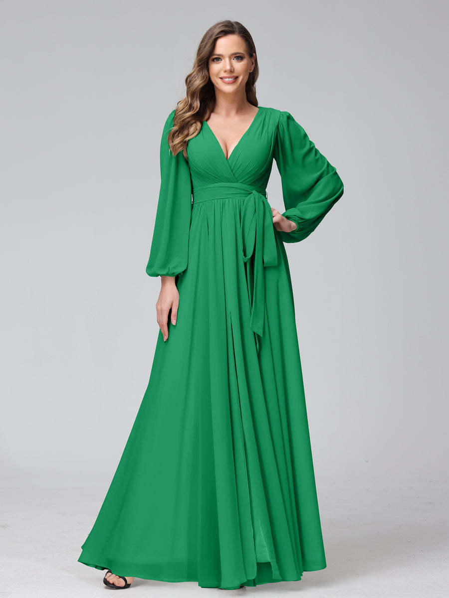 Chiffon Bridesmaid Dress with V-Neck, Long Sleeves, and Side Split