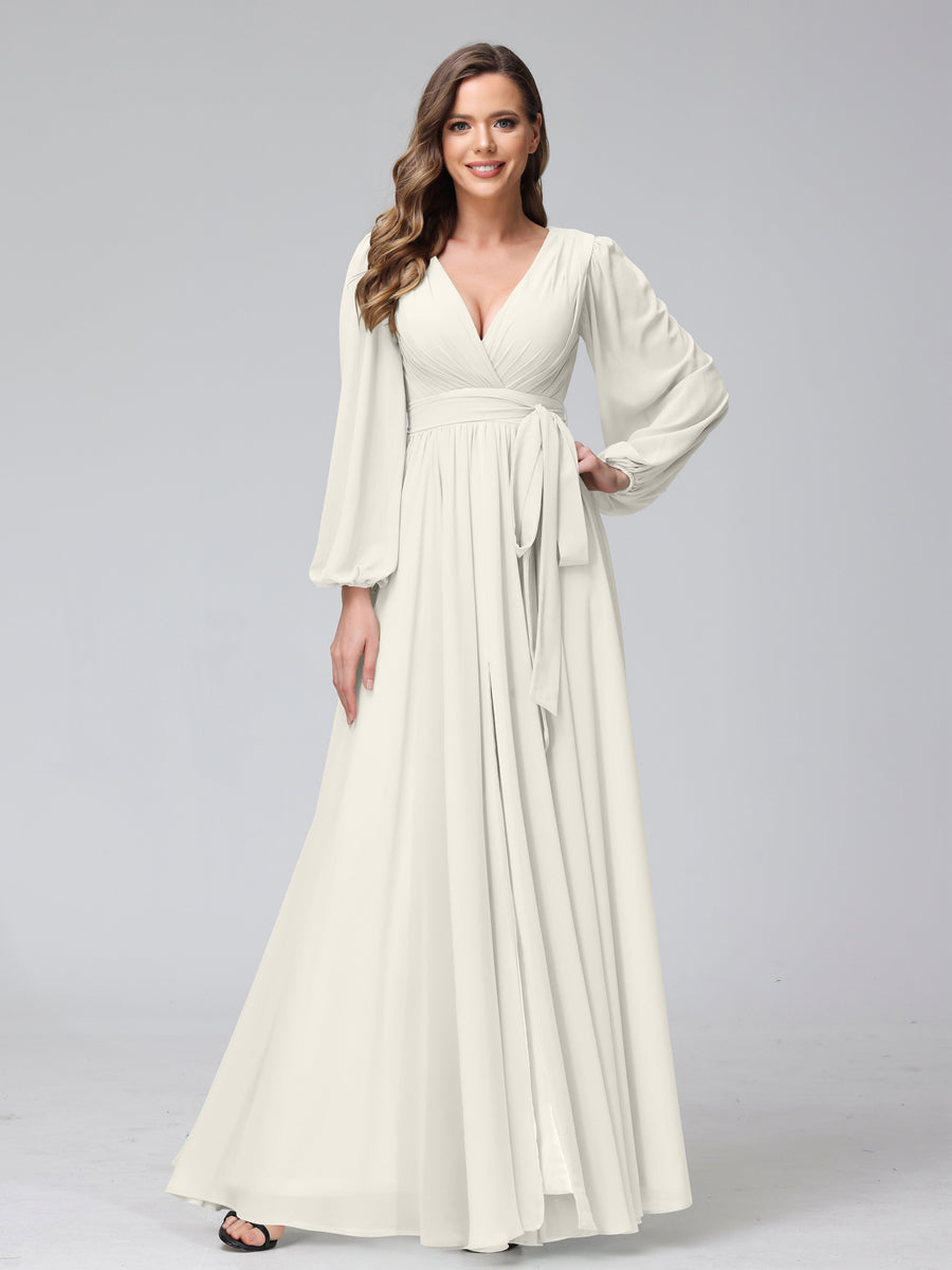 Chiffon Bridesmaid Dress with V-Neck, Long Sleeves, and Side Split