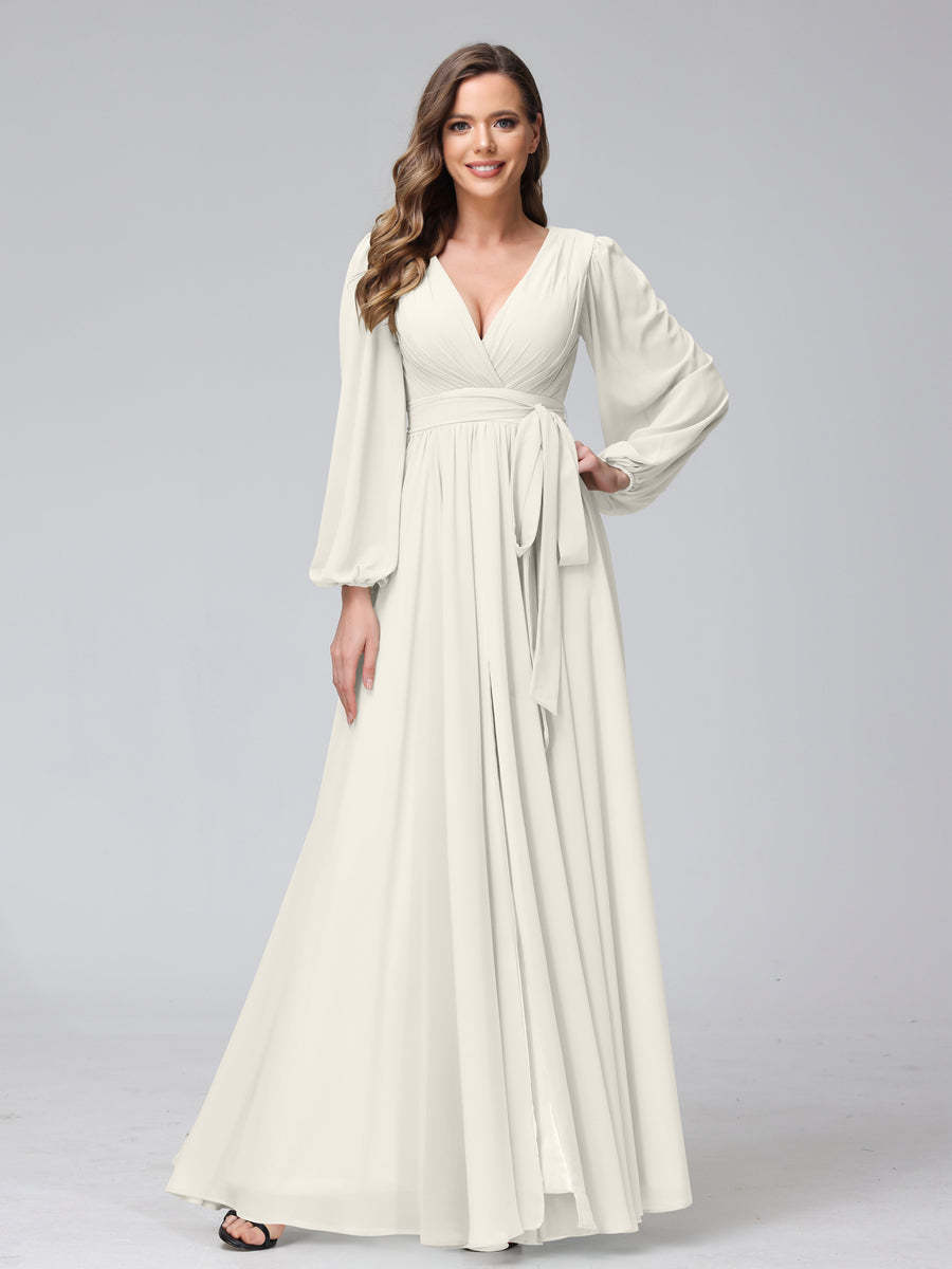Chiffon Bridesmaid Dress with V-Neck, Long Sleeves, and Side Split