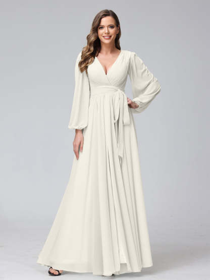 Chiffon Bridesmaid Dress with V-Neck, Long Sleeves, and Side Split