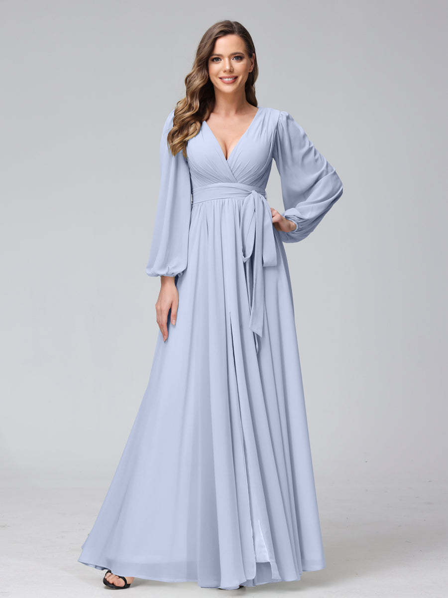Chiffon Bridesmaid Dress with V-Neck, Long Sleeves, and Side Split