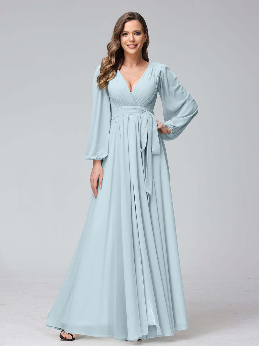 Chiffon Bridesmaid Dress with V-Neck, Long Sleeves, and Side Split