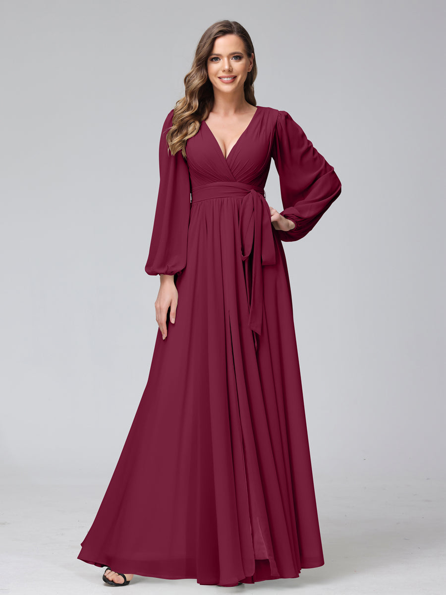 Chiffon Bridesmaid Dress with V-Neck, Long Sleeves, and Side Split