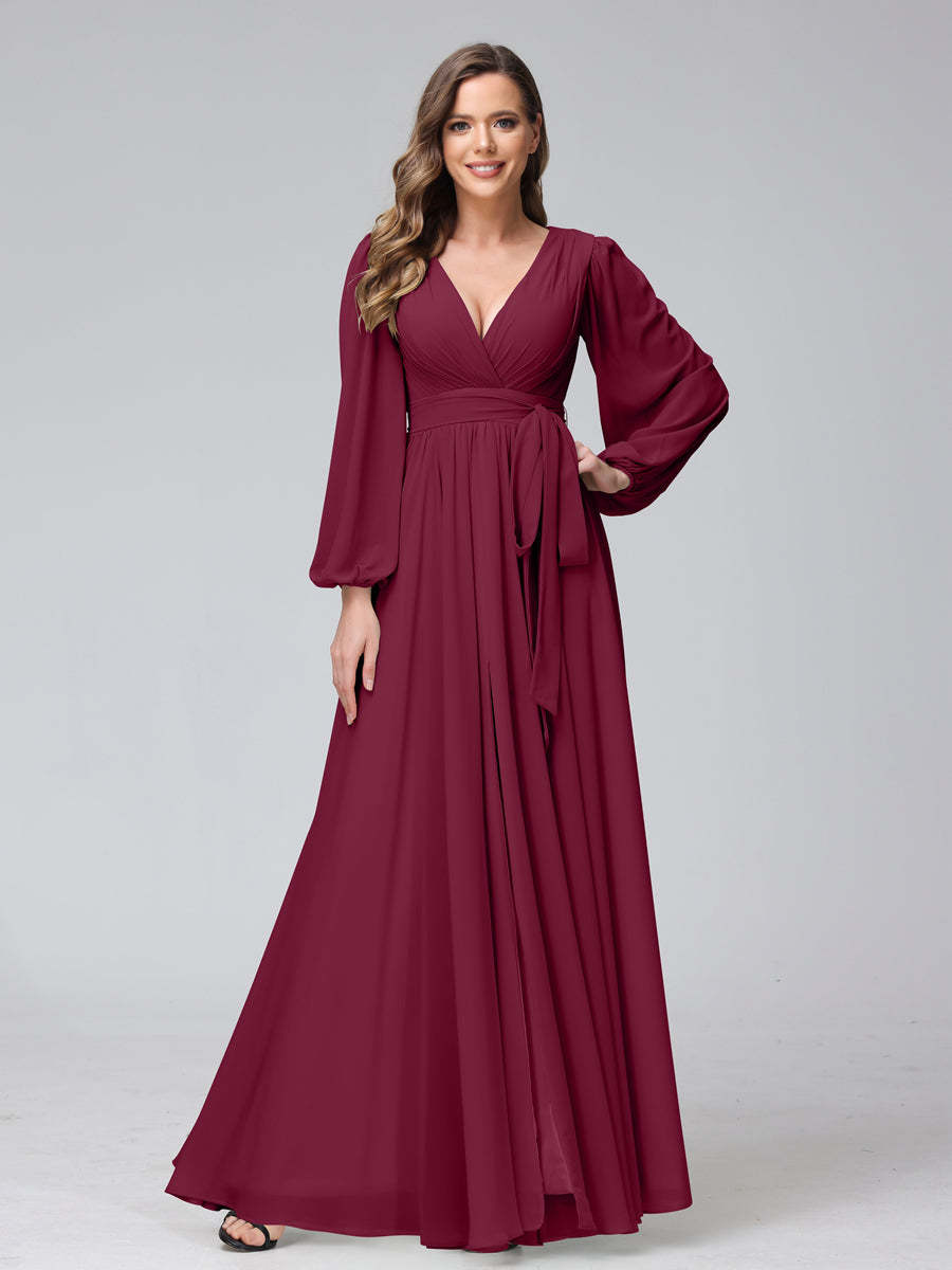 Chiffon Bridesmaid Dress with V-Neck, Long Sleeves, and Side Split