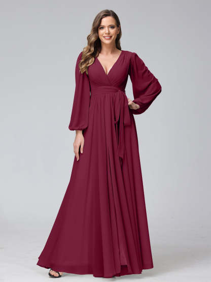 Chiffon Bridesmaid Dress with V-Neck, Long Sleeves, and Side Split