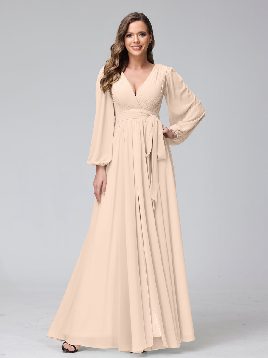 Chiffon Bridesmaid Dress with V-Neck, Long Sleeves, and Side Split