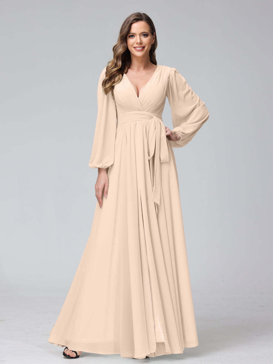 Chiffon Bridesmaid Dress with V-Neck, Long Sleeves, and Side Split