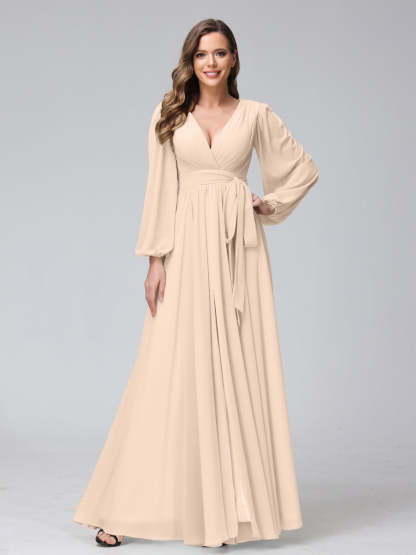 Chiffon Bridesmaid Dress with V-Neck, Long Sleeves, and Side Split