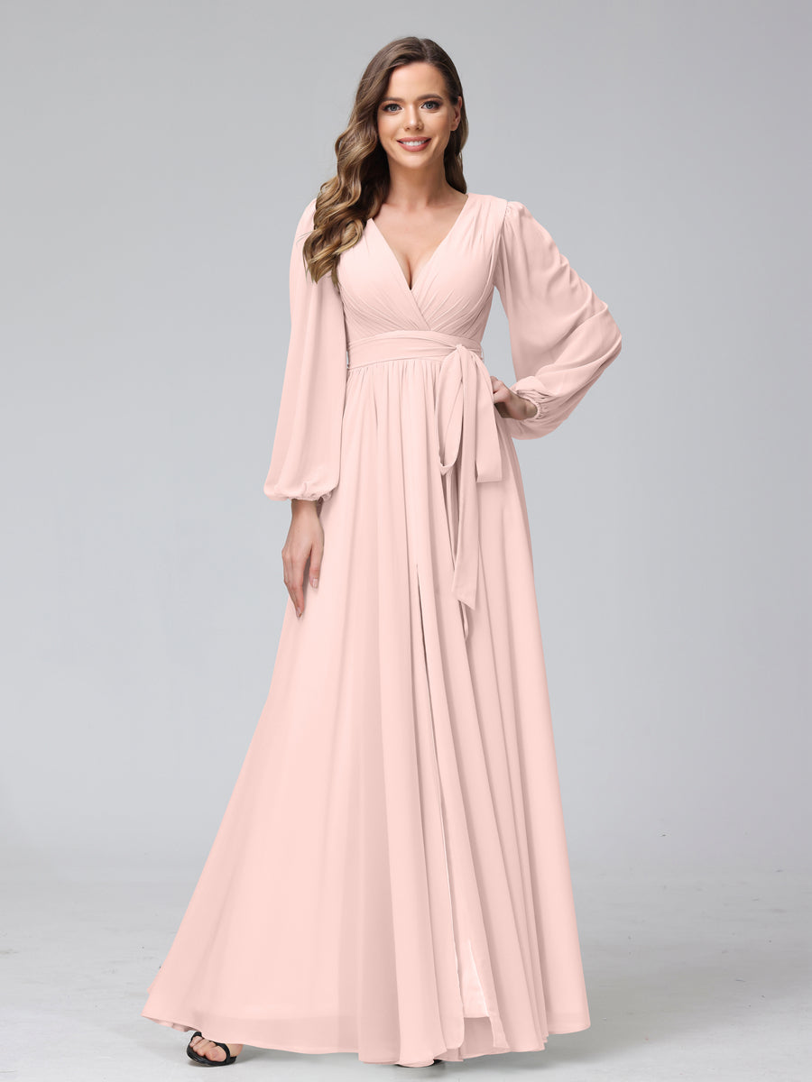 Chiffon Bridesmaid Dress with V-Neck, Long Sleeves, and Side Split
