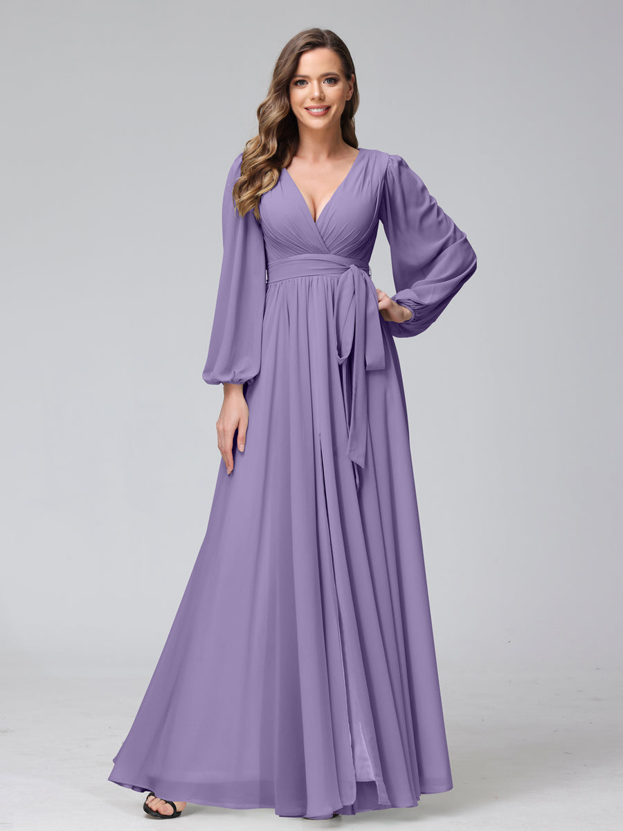 Chiffon Bridesmaid Dress with V-Neck, Long Sleeves, and Side Split