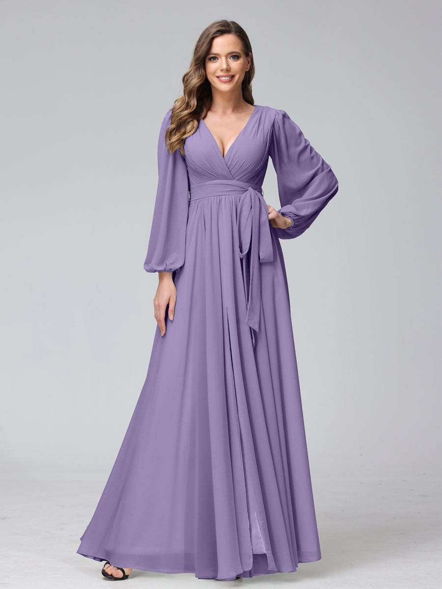 Chiffon Bridesmaid Dress with V-Neck, Long Sleeves, and Side Split