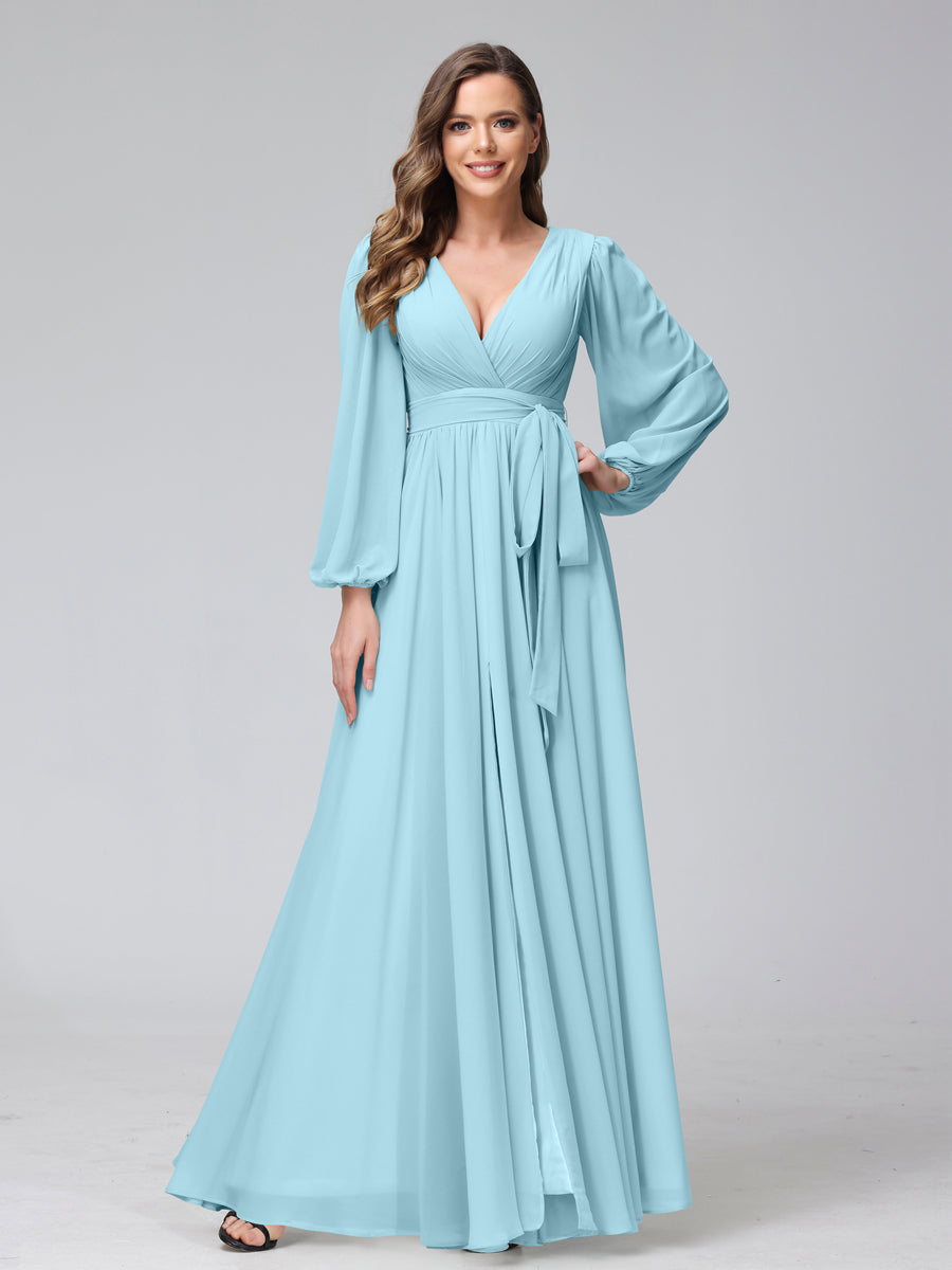 Chiffon Bridesmaid Dress with V-Neck, Long Sleeves, and Side Split