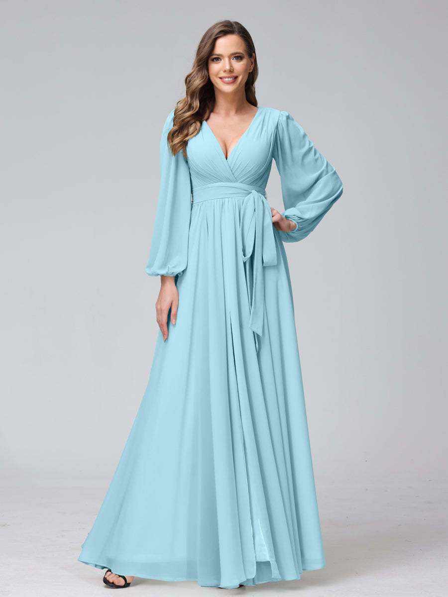 Chiffon Bridesmaid Dress with V-Neck, Long Sleeves, and Side Split