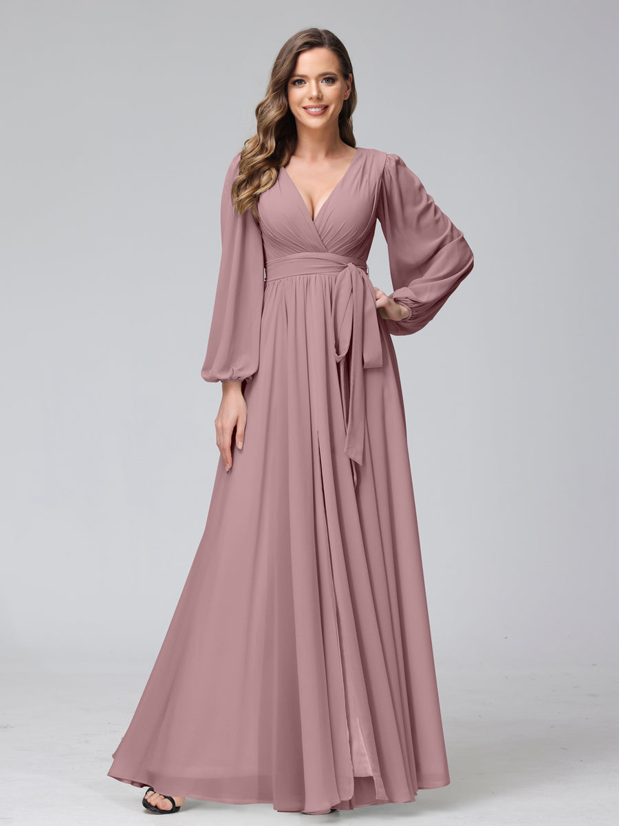 Chiffon Bridesmaid Dress with V-Neck, Long Sleeves, and Side Split