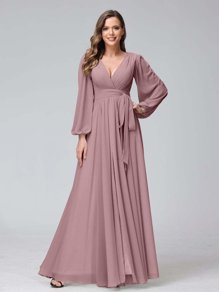 Chiffon Bridesmaid Dress with V-Neck, Long Sleeves, and Side Split